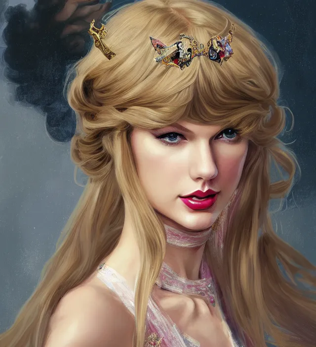 Image similar to portrait of taylor swift as a young beautiful female princess, d & d, baroque dress, elegant, flat lighting, intricate, highly detailed, digital painting, artstation, concept art, smooth, sharp focus, illustration, closeup, misa amane, art by simon bisley and greg rutkowski and alphonse mucha, novel cover