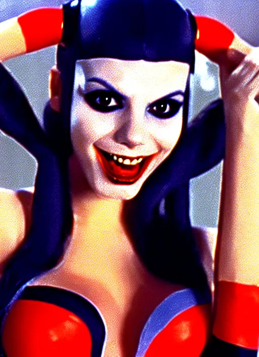 Image similar to a film still of victoria justice as harley quinn from a year nineteen - seventy - two italian giallo film about furbys.