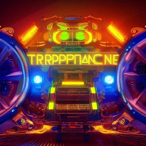 Image similar to album art, the album is called tripmachine, trance music, a huge steampunk mechanic machine made of loudspeakers and music intruments, with many gears and tubes and wires,, 8 k, fluorescent colors, halluzinogenic, multicolored, blue neon accents, exaggerated detailed, front shot, 3 d render, octane