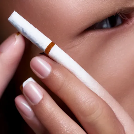 Prompt: Close-up of highly realistic female hand holding cigarette with smoke, white background, 4K