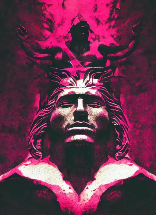 Image similar to elegant dark design poster showing a heroic statue of achilles, black background with very subtle red and purple design elements, bold, powerful, nekro, vito acconci, thin straight purple lines, dark, glitch art, neo vaporwave, gritty, layout frame, square, trending on artstation