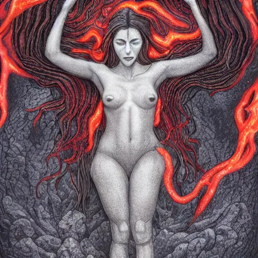 Prompt: a highly detailed full body of mythical female creature made of volcanic lava stones and magma with long hair of flames and beautiful eyes, red veins, intricate details, surreal, magical,