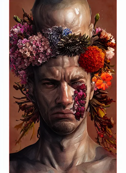 Prompt: handmade character portrait of an angry american soldier man, explosion of flowers, amaratyllis, hydrangea, chrysanthemum and hyacinth, in the style of artgerm and enki bilal and bastien lecouffe - deharme, wlop, line art, watercolor, cinematic lighting, hyperdetailed, hyperrealistic