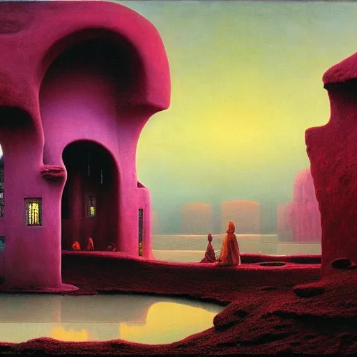 Image similar to african moors in white robes building a steampunk portal near a pink lake by zdislaw beksinski and thomas blackshear and alex grey, oil on canvas, 8k