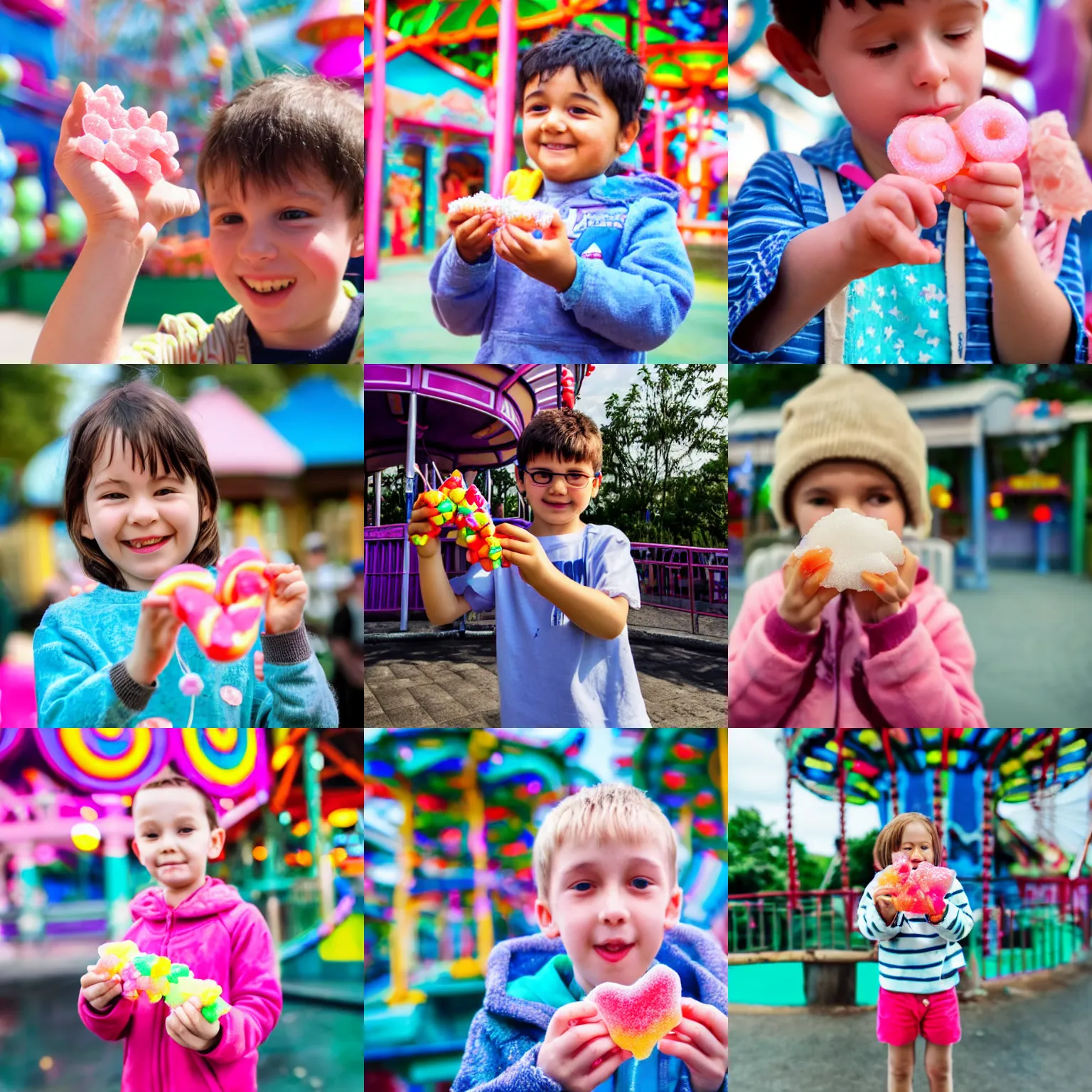 Prompt: a kid holding a sweet sugar candy in fornt of an amusement park