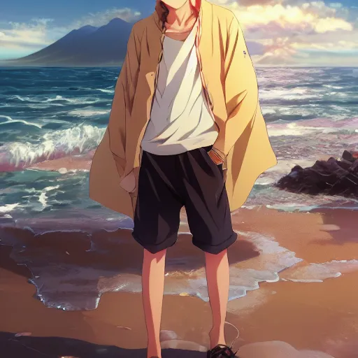 Image similar to a very beautiful anime boy, full body, blonde, golden eyes, short smile, casual clothes, serene beach setting, cinematic lightning, medium shot, mid-shot, highly detailed, trending on artstation, Unreal Engine 4k, cinematic wallpaper by Stanley Artgerm Lau, WLOP, Rossdraws, James Jean, Andrei Riabovitchev, Marc Simonetti, and Sakimichan
