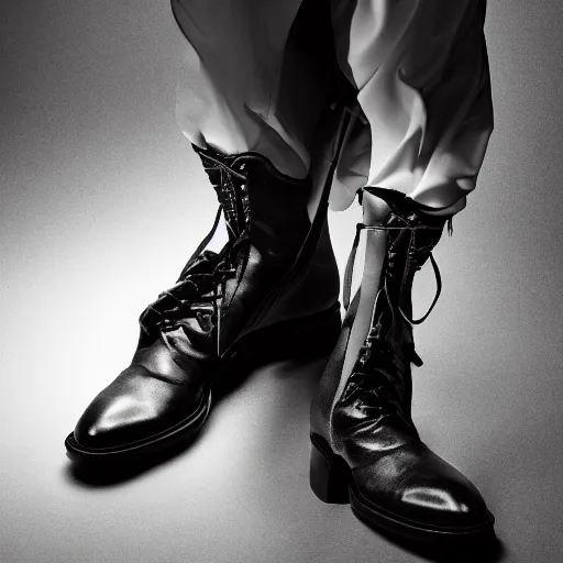 Prompt: an award - winning editorial photo of a male model wearing medieval designer menswear leather boots leather designed by alexander mcqueen, 4 k, studio lighting, wide angle lens