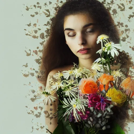 Prompt: Double exposure portrait of young woman with bouquet of flowers , by lady caviar