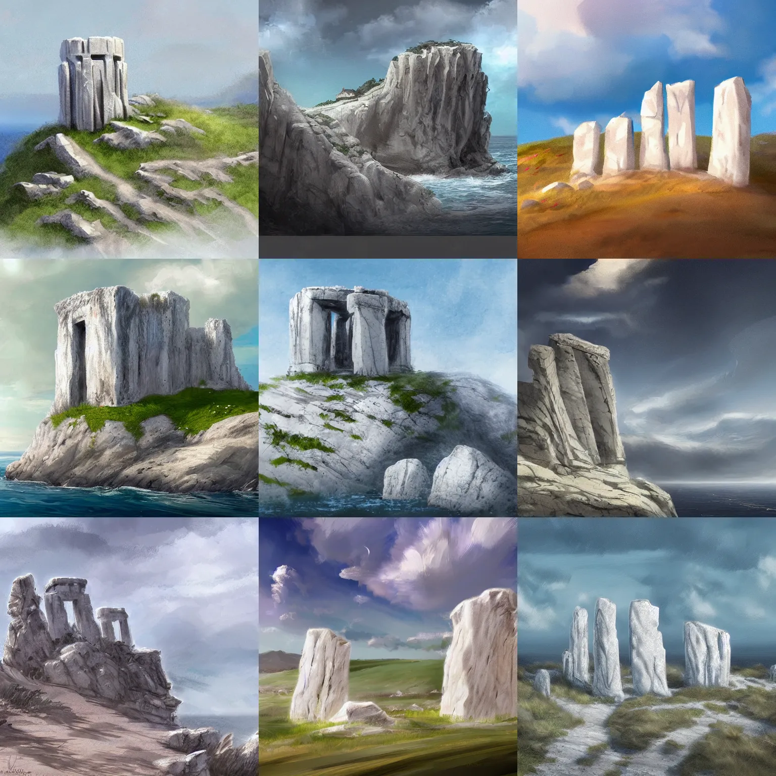 Prompt: concept art of a small cliff, made of white marble with a stone henge at the top of it seen from far away, art station front page, digital art, beautiful day, mediterranean