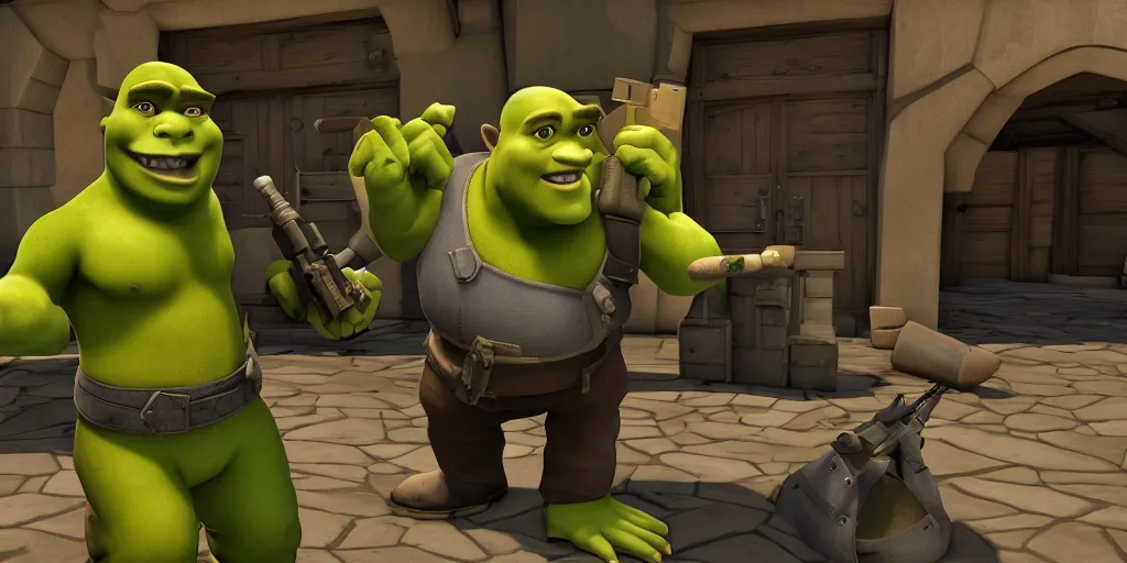 Image similar to shrek in team fortress 2 garry's mod, half life, sfm render, gmod, realistic 4 k octane beautifully detailed render, 4 k post - processing, highly detailed, intricate complexity, epic composition, magical atmosphere, cinematic lighting, masterpiece, ultra hd