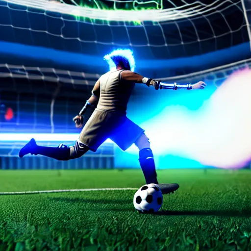 Image similar to a cyberpunk cyborg kicking a soccer ball in a soccer game, hyperrealistic, unreal engine, 4 k, 3 d