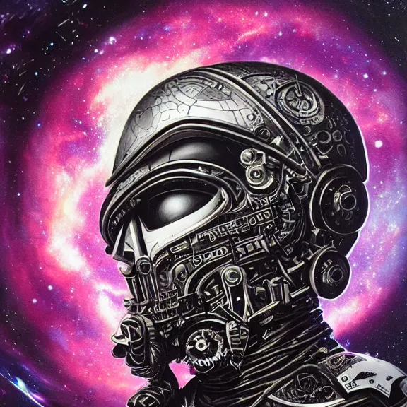 Image similar to a highly detailed space pirate portrait of an interstellar criminal radiating a dark unholy aura, a divine cosmic punisher, ornate black futuristic gothic armor, intricate broken space helmet, VR iridium visor, 8k, by Tristan eaton, Stanley Artgermm, Tom Bagshaw, Greg Rutkowski, Carne Griffiths, Ayami Kojima, Beksinski, Giger, trending on DeviantArt, face enhance, hyper detailed, minimalist, cybernetic, android, blade runner, full of colour,