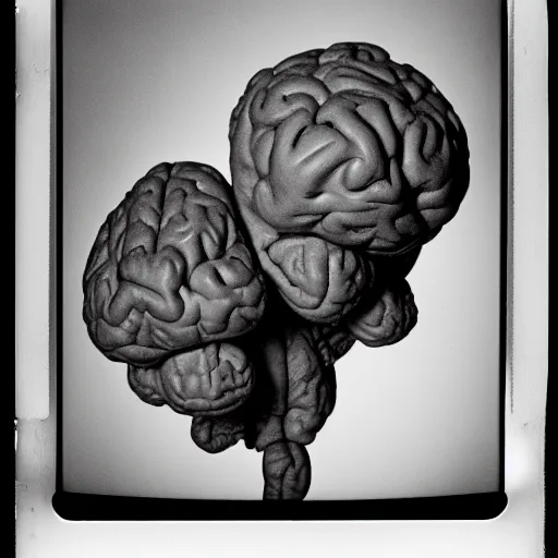 Prompt: a black and white polaroid photo of a brain in love, by robert crumb, by jim henson, by gary baseman, high contrast, soft lighting, surreal, film photography