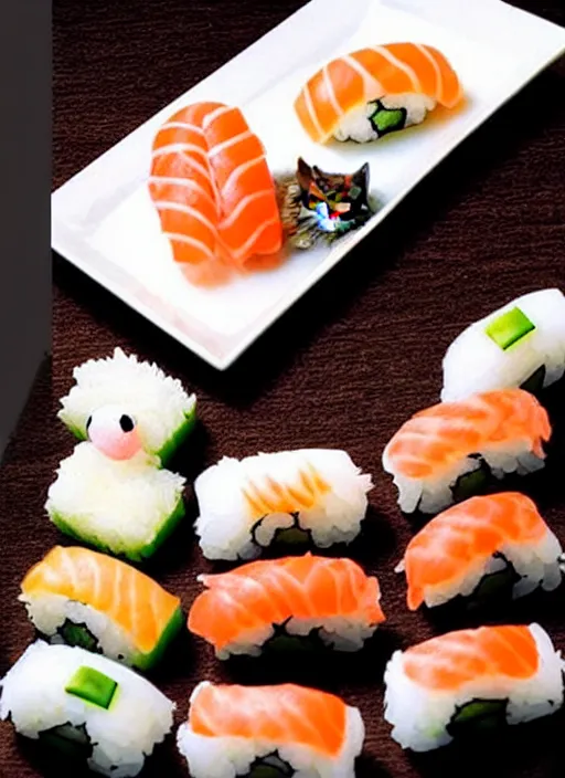 Image similar to clear photorealistic picture of adorable cats made out of sushi