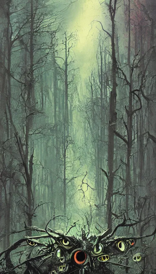 Image similar to a storm vortex made of many demonic eyes and teeth over a forest, by john berkey