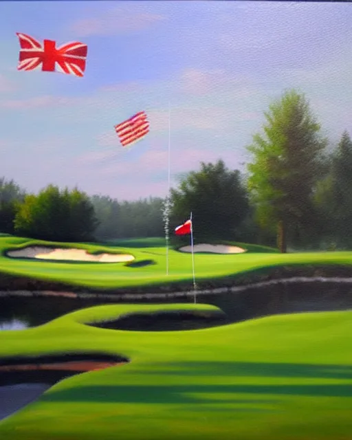 Image similar to oil painting of golf course, flag, oil painting,