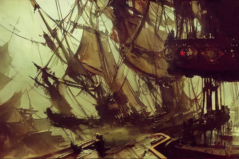 Image similar to pirate ship deck interior, intricate, elegant, highly detailed, vivid colors, john harris, frazetta, tyrus wong, ruan jia, jeffrey catherine jones