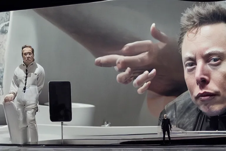 Image similar to hyperrealism aesthetic ridley scott and denis villeneuve style photography of a detailed giant elon musk, siting on a detailed ultra huge toilet and scrolling his smartphone in hyperrealism scene from detailed art house movie in style of alejandro jodorowsky and wes anderson