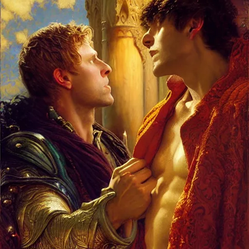 Image similar to stunning arthur pendragon in love with stunning male merlin the mage. they are close to each other. highly detailed painting by gaston bussiere, craig mullins, j. c. leyendecker