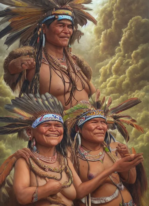 Image similar to faces of indigenous amazonian grandfathers and grandmothers spirits in the clouds, smiling, protection, benevolence, ancestors, detailed faces, art by christophe vacher