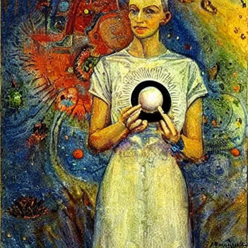 Prompt: A illustration. A rip in spacetime. Did this device in her hand open a portal to another dimension or reality?! symbolism by Margaret Olley ghostly