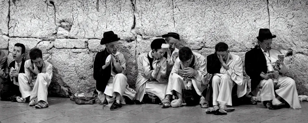 Prompt: jewish people praying with spaghetti at the wailing wall in israel, fine detail, canon 5 0 mm, in the style of diane arbus, in the style wes anderson, kodachrome, retro