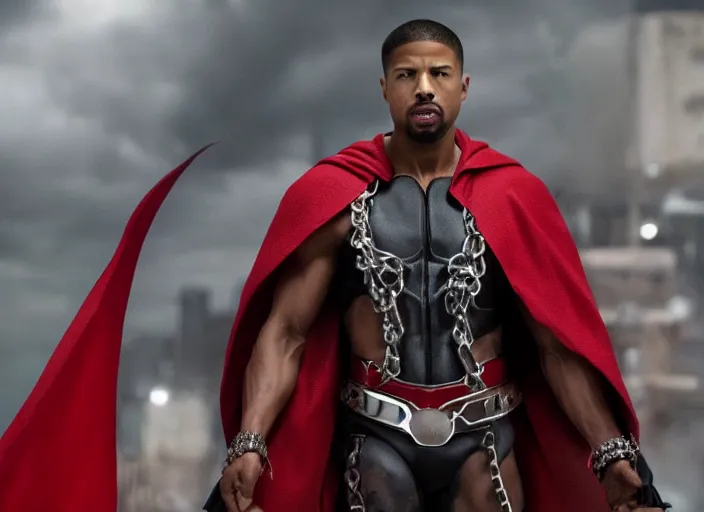 Image similar to film still of michael b jordan as spawn in the new spawn movie, giant chains, large cape, 8 k