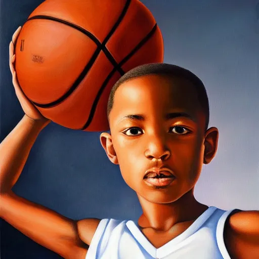 Prompt: a painting of a young boy holding a basketball, a fine art painting by kadir nelson, featured on dribble, american realism, oil on canvas, art, detailed painting