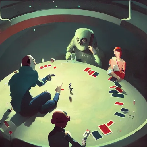 Prompt: people playing cards at the table inside a space base , artwork by Sergey Kolesov, detailed, dynamic, cinematic composition