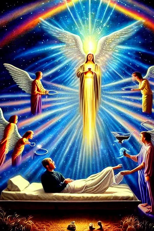 Prompt: a photorealistic detailed cinematic image of a man on his deathbed, assisted to the afterlife by iridescent angels. met by friends and family, pets, memories, overjoyed, emotional, compelling, by pinterest, david a. hardy, kinkade, lisa frank, wpa, public works mural, socialist