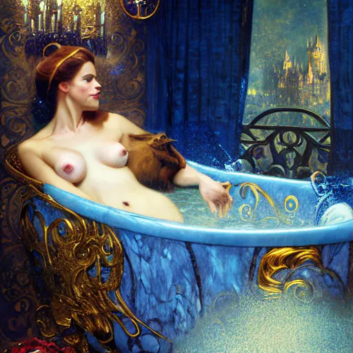 Image similar to portrait of the beast from beauty and the beast in the bath tub by disney. fantasy painting by gaston bussiere craig mullins jc leyendecker gustav klimt artgerm greg rutkowski john berkey, bergey, craig mullins, ruan jia, raymond swanland, tom lovell