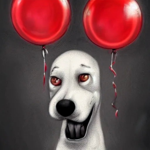 Prompt: surrealism grunge cartoon portrait sketch of a dog with a wide smile and a red balloon by - michael karcz, loony toons style, pennywise style, horror theme, detailed, elegant, intricate