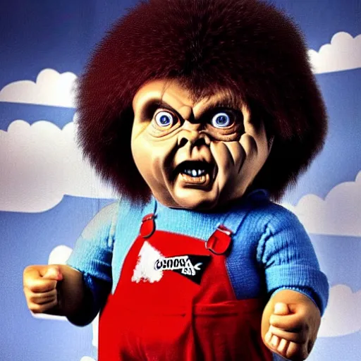 Image similar to screaming chucky doll wwf andre the giant bob ross