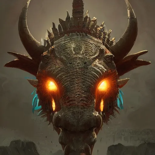 Image similar to triceratops with aztec headdress, greg rutkowski, digital illustration, concept art, dnd, face, fantasy, intricate, elegant, highly detailed, digital painting, artstation, full body, long shot, cinematic lighting