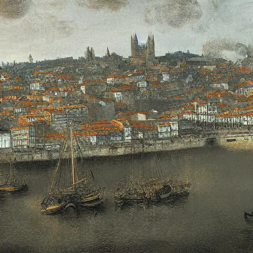 Prompt: Porto skyline, painting by Rembrandt, high detail, high resolution