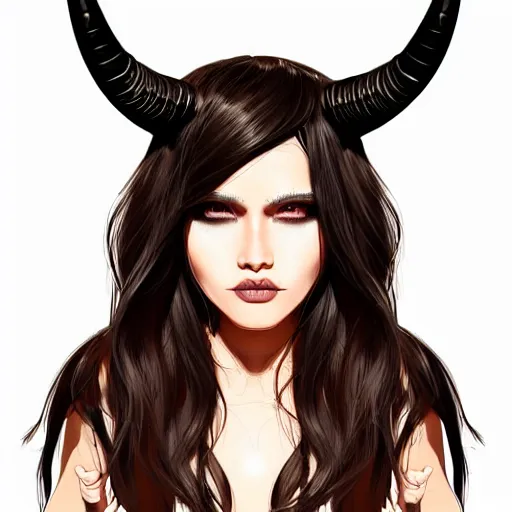 Image similar to illustrated realistic portrait of prong-horned devil woman with blue bob hairstyle and her tan colored skin and with solid black eyes wearing leather by rossdraws