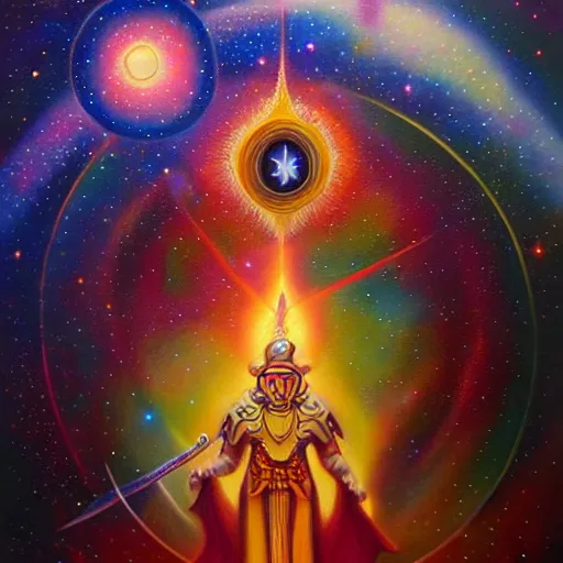 Image similar to facing the dark star with a sword in hand, galactic nebular astral realm sacred journey in oil painting, trending on artstation, award winning, emotional, highly detailed surrealist art