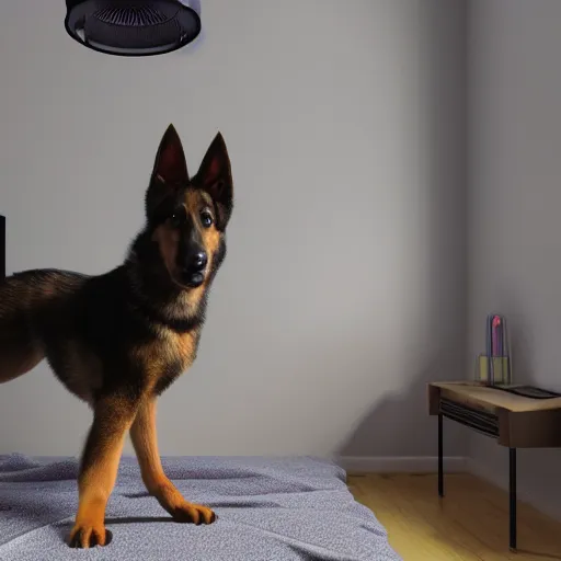 Image similar to in my bedroom my gsd puppy gets the'zoomies'and jumps around on the bed and color comforter. high energy, frenetic craziness, running, jumping, and chasing. cg animation, 3 d octane render, imax 7 0 mm, rtx