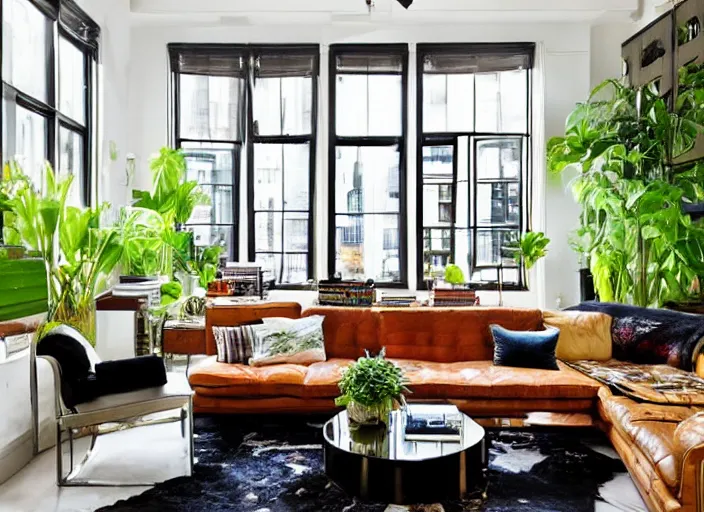 Prompt: ny loft designed by nate berkus with a view of the jungle