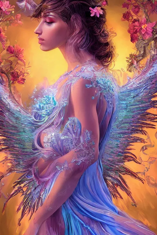 Prompt: a super realistic young woman, fantasy, angelic wings, flowers, windblown, intricate, synthwave, retrowave, colorful, vibrant, highly-detailed, elegant, dramatic lighting, gorgeous face, lifelike, photorealistic face, long luxurious intricate gown, digital painting, artstation, illustration, concept art, smooth, sharp focus, art by Jude Palencar, John Collier, artgerm, and Albert Aublet and Krenz Cushart and Artem Demura and Alphonse Mucha