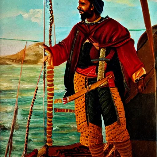 Prompt: oil painting of a berber corsair at the helm of a ship