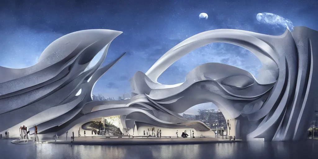 Prompt: fantasy city with moon by zaha Hadid trending on artsation