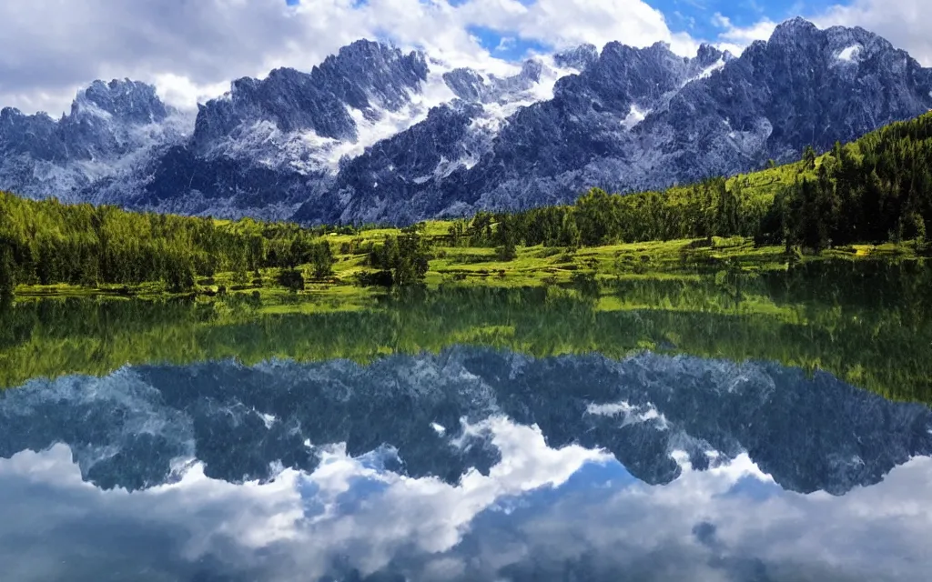 Image similar to the alps and reflection in a lake in the style of georgia o keefe