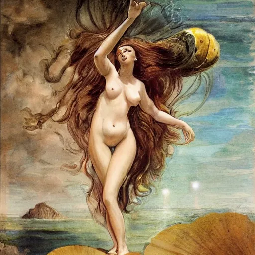 Prompt: The conceptual art depicts the moment when the goddess Venus is born from the sea. She is shown standing on a giant clam shell, with her long, flowing hair blowing in the wind. The conceptual art is full of light and color, and Venus looks like she is about to step into a beautiful, bright future. electric yellow by Aquirax Uno, by Lovis Corinth colorful
