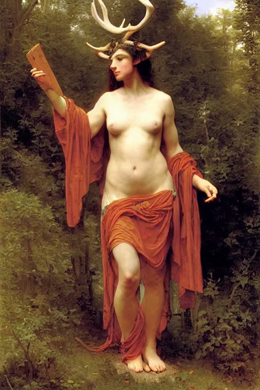 Image similar to druid shaman with antlers, bouguereau