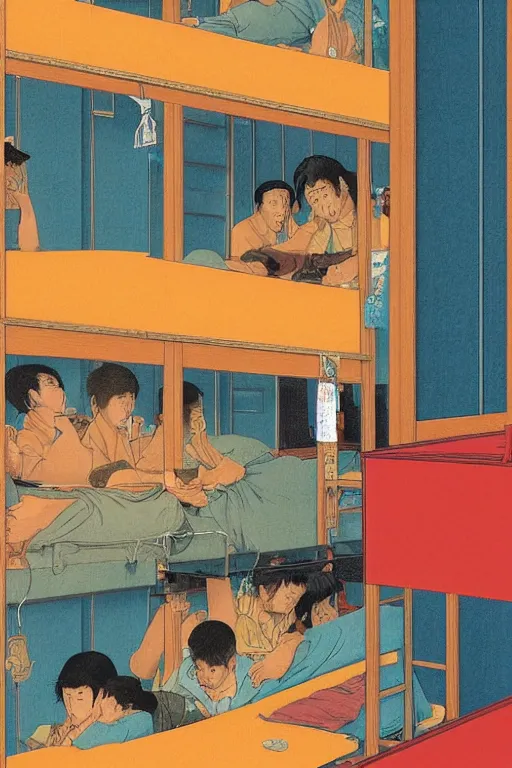 Image similar to workers exploited, living in hostels with bunk beds stacked on top of one another, by kawase hasui, moebius and edward hopper, colorful flat surreal design, hd, 8 k, artstation