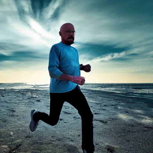 Image similar to Walter White running on the beach, artistic, 8k, cinematic, accurate, symetric, face, dramatic lighting, pastel colours