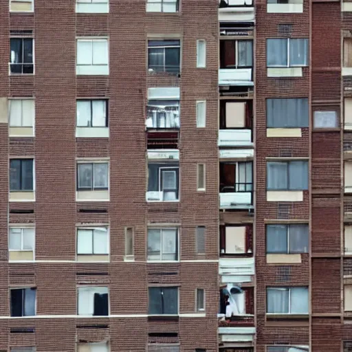 Image similar to a woman's hair grows from all the windows and doors of large apartment building, the hair reaches the ground, rendered