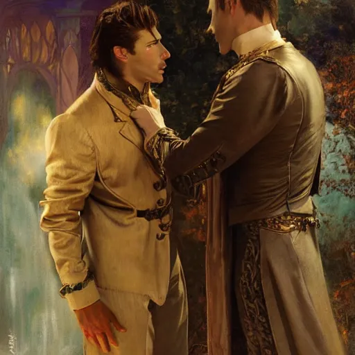 Image similar to attractive male, arthur pendragon confesses his love to attractive male dracula the vampire. highly detailed painting by gaston bussiere, craig mullins, j. c. leyendecker 8 k