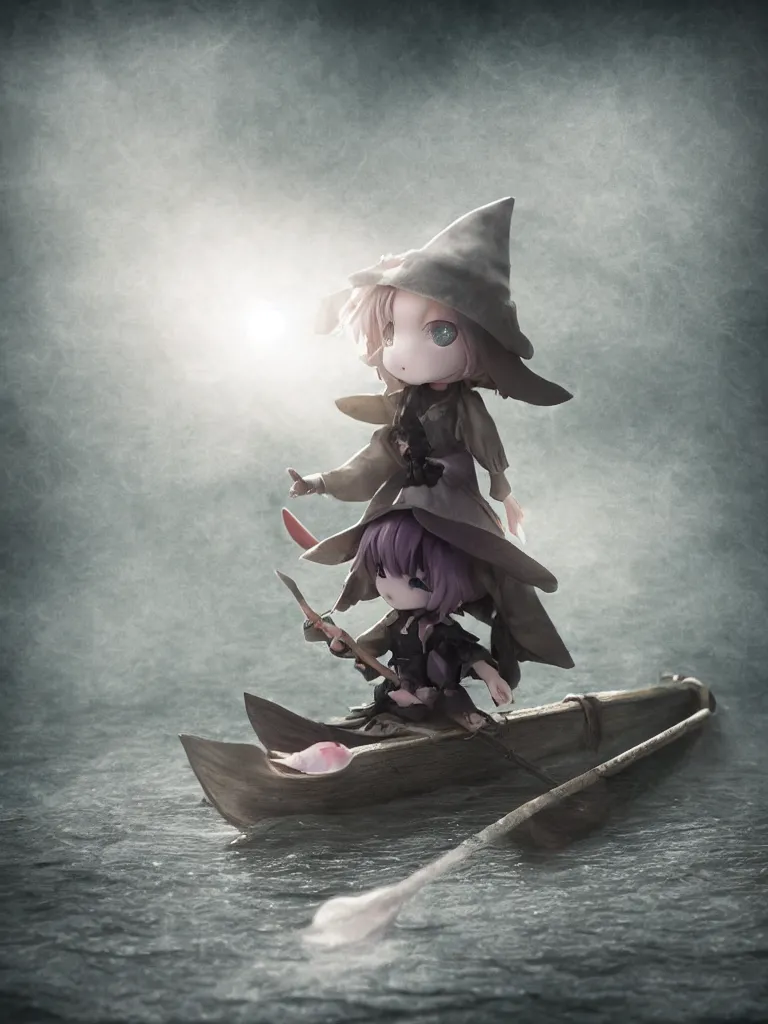 Prompt: cute fumo plush girl witch rowing a small boat through murky river water, river styx, otherworldly chibi gothic horror wraith maiden, lost in the void, hazy heavy swirling murky volumetric fog and smoke, moonglow, lens flare, rule of thirds vray